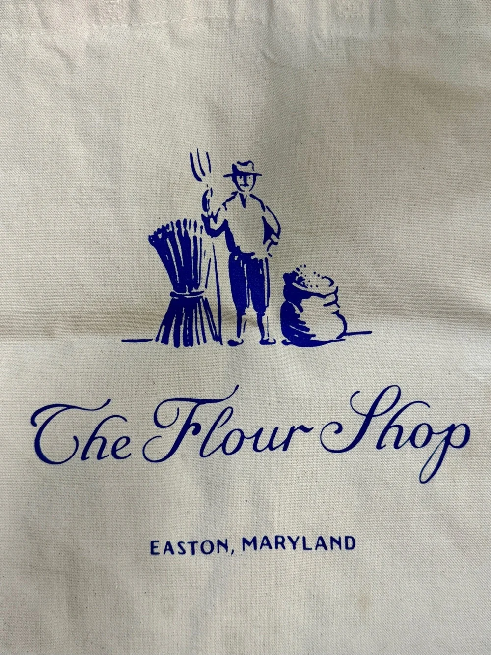 Canvas Tote Bag - Cream with Blue Print for The Flour Shop in Easton, Maryland